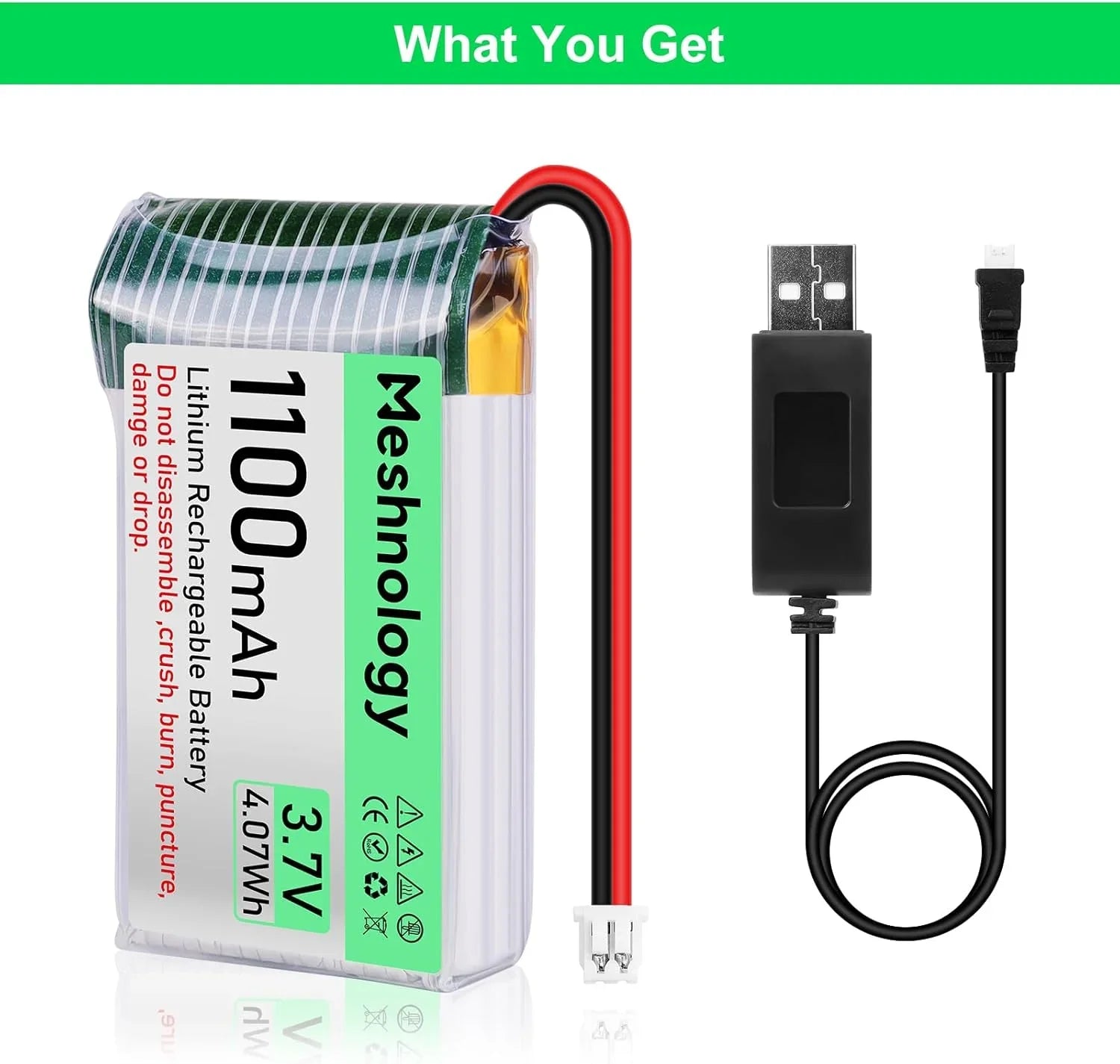 Batterie Li 3,7V 1100mAh avec câble chargeur USB 102540 1S Batterie LiPo avec carte de protection