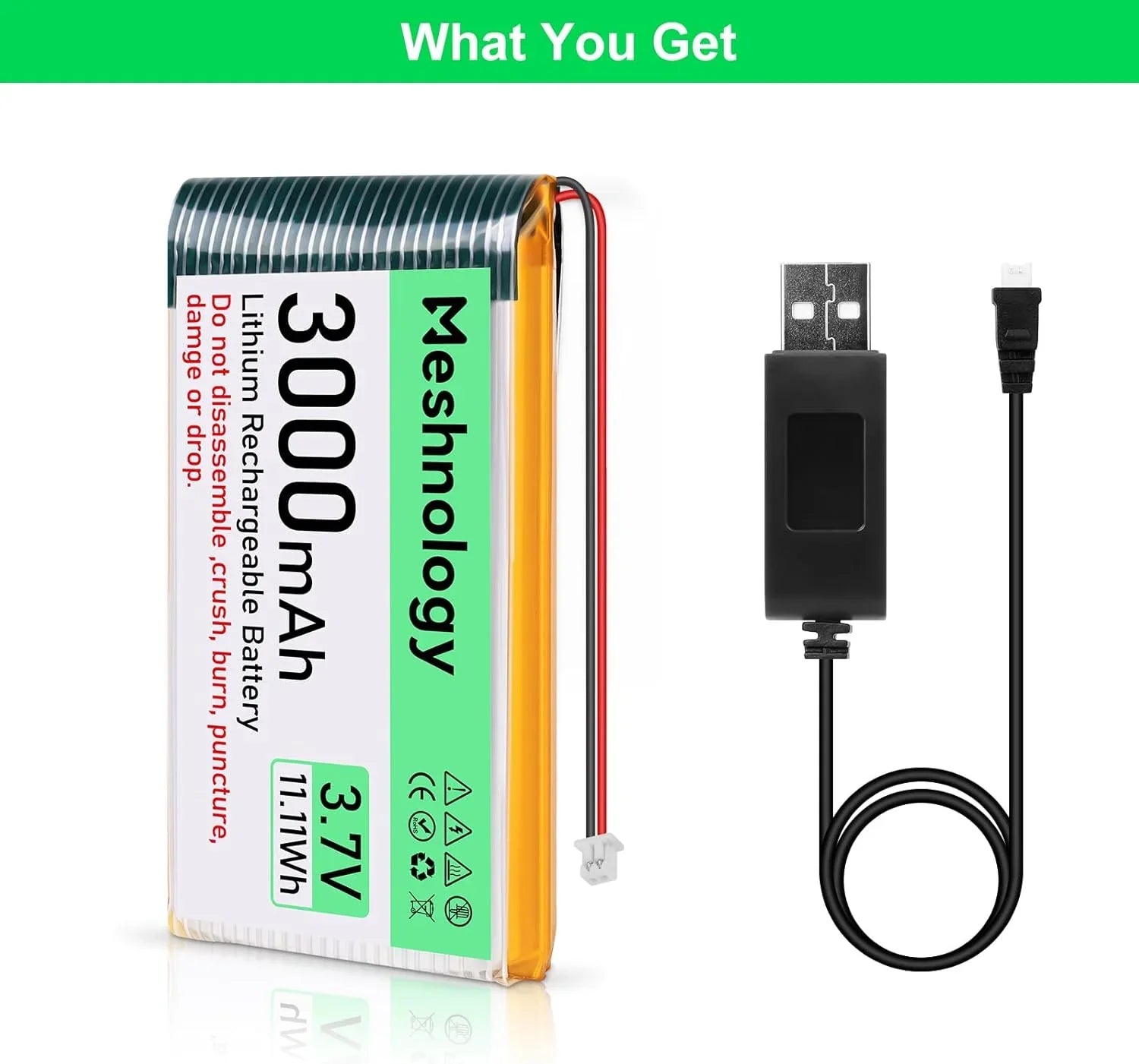 3.7V 3000mAh LiPo Battery with Protection Board, Micro JST 1.25 Plug & USB Charging Cable