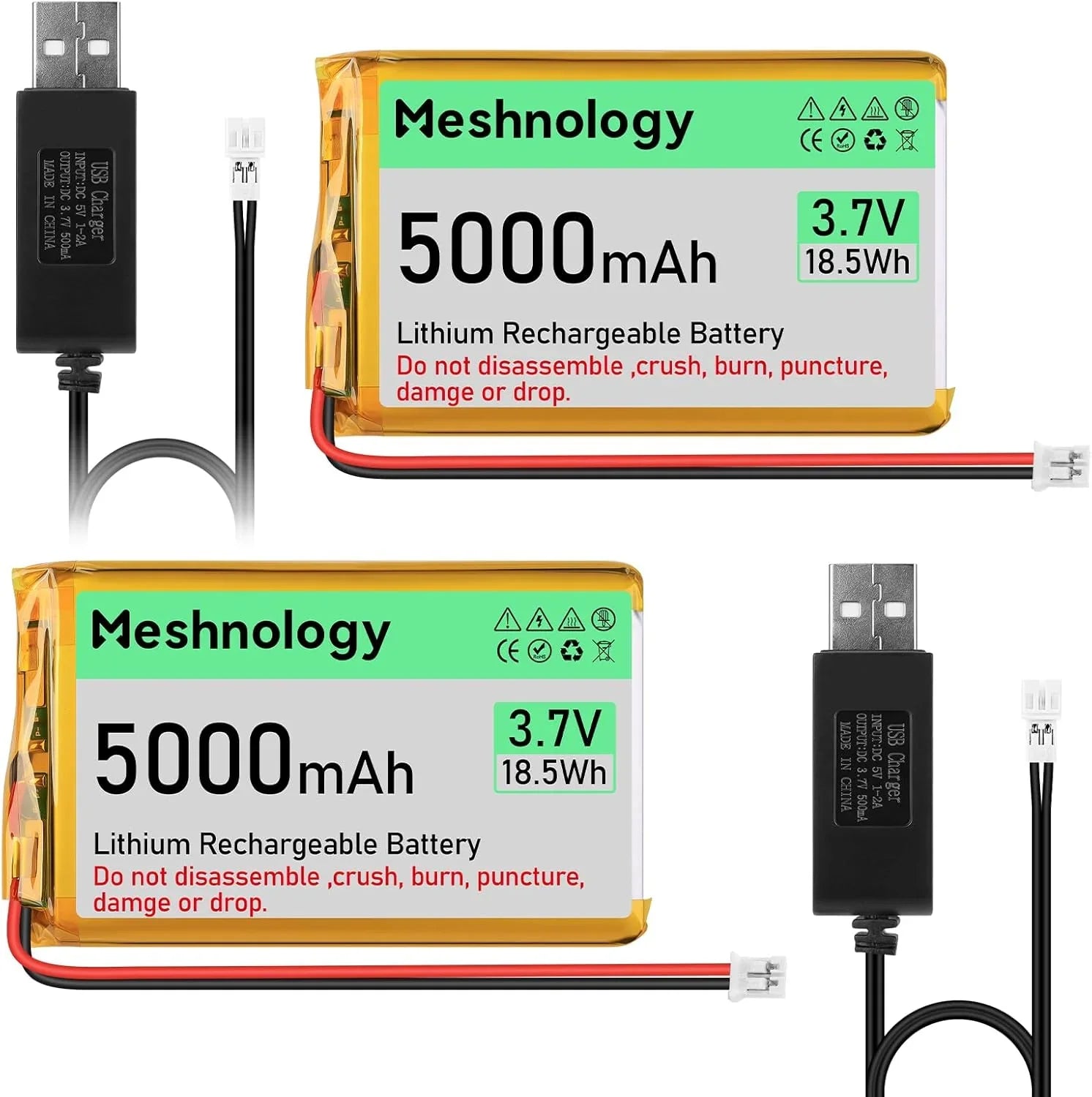 5000mAh 3.7v LiPo Batteries with USB Charger for Drone, RC Models, IoT Devices