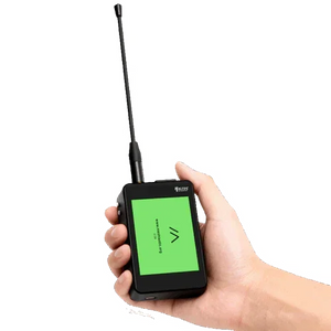Hand holding a Heltec WiFi LoRa 32 V4 device with screen and attached antenna