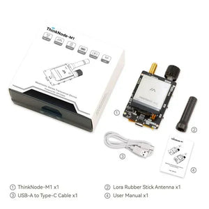 ThinkNode-M1 LoRa transceiver kit with GPS, antenna, USB-C cable, and user manual