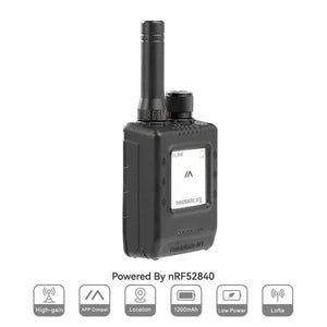 Compact LoRa transceiver with GPS, screen display, antenna, and feature icons below.