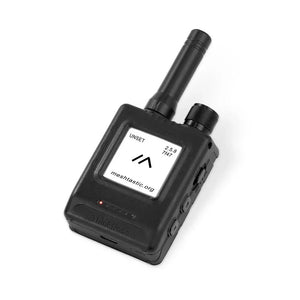 Compact LoRa walkie talkie transceiver with display, antenna, and control buttons on white