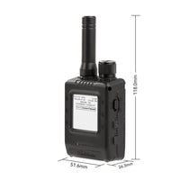 Compact black LoRa walkie talkie with antenna, display screen, GPS dial, and measurement dimensions.