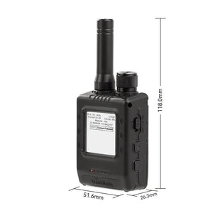 Compact black LoRa walkie talkie with antenna, display screen, GPS dial, and measurement dimensions.
