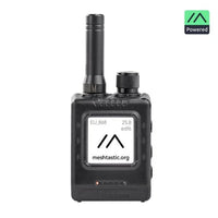 Meshtastic LoRa walkie-talkie with antenna, display screen, and mesh communication info visible.