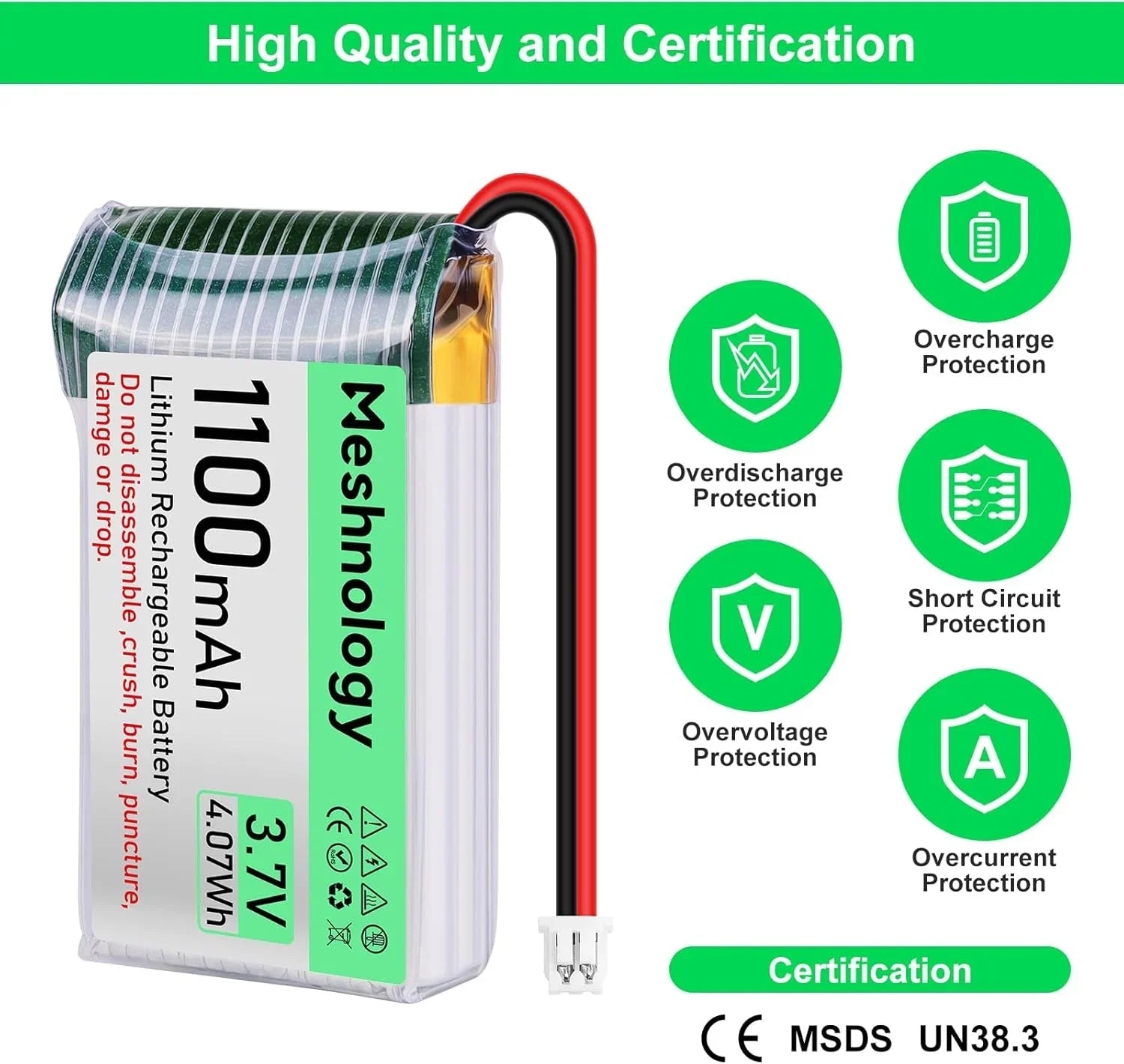 1,100mAh Slim Cell Compact 3.7V 1S LiPo with built-in protection board — ideal for wearables and small electronics 1 PCS wireless device
