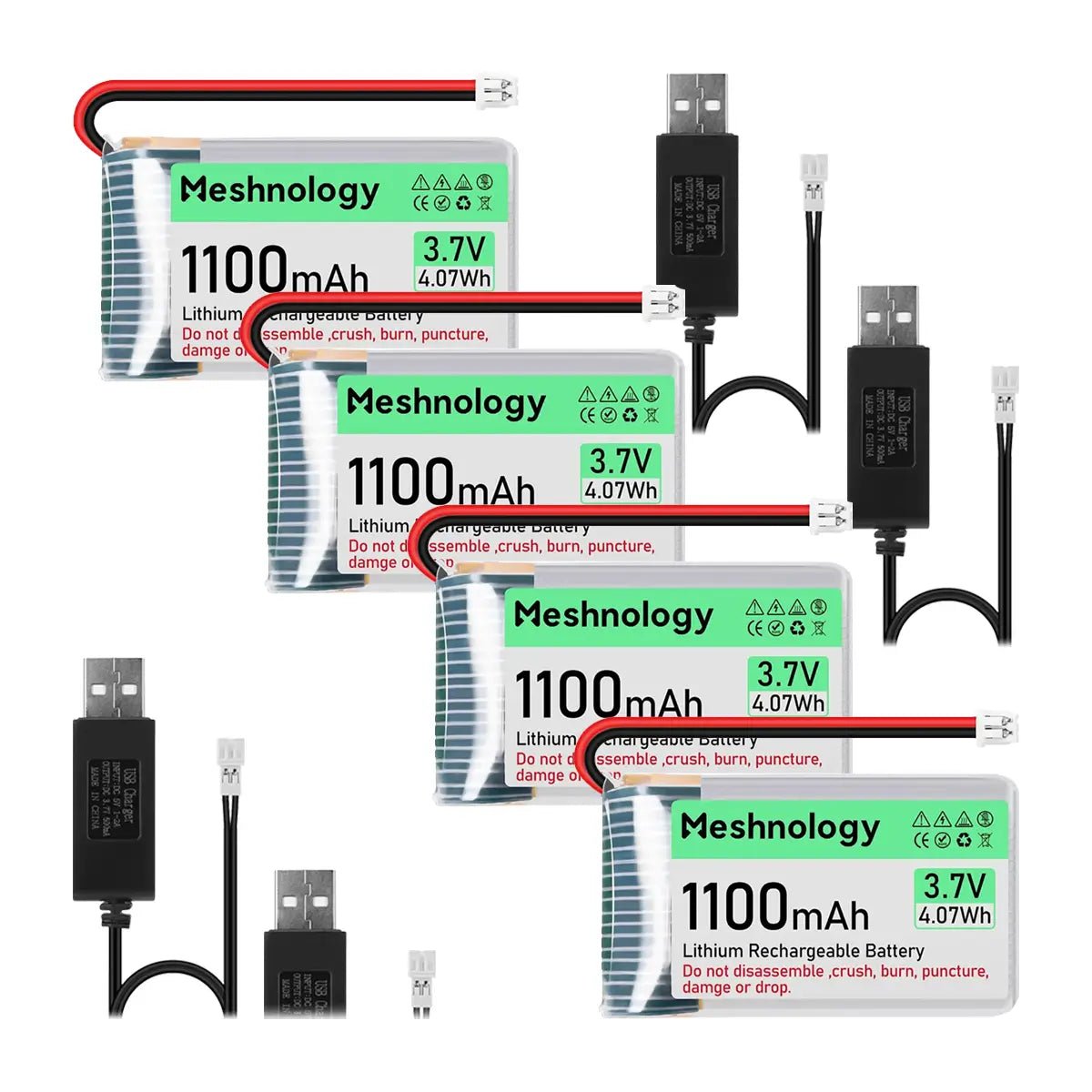 1,100mAh Slim Cell Compact 3.7V 1S LiPo with built-in protection board — ideal for wearables and small electronics 4 PCS wireless device