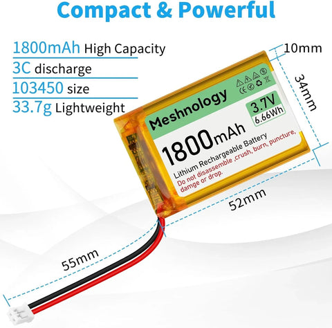 1,800mAh Plus Cell 3.7V 103450 LiPo with PH2.0 connector — plug-and-play power for AK19007, RAK4631, and compact IoT modules wireless device