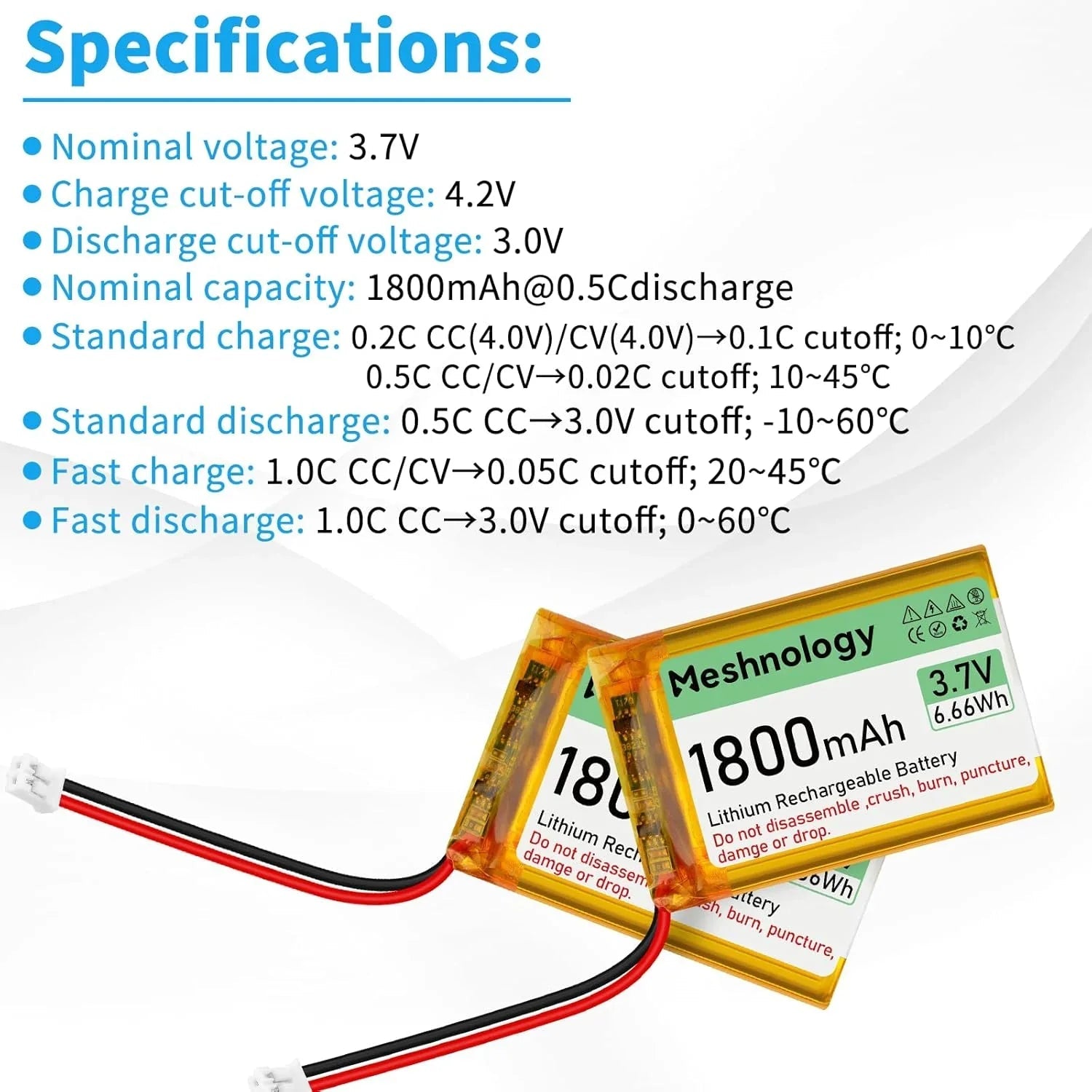 1,800mAh Plus Cell 3.7V 103450 LiPo with PH2.0 connector — plug-and-play power for AK19007, RAK4631, and compact IoT modules wireless device