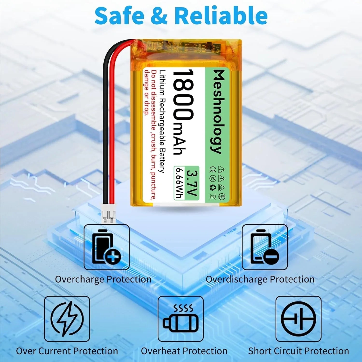 1,800mAh Plus Cell 3.7V 103450 LiPo with PH2.0 connector — plug-and-play power for AK19007, RAK4631, and compact IoT modules wireless device