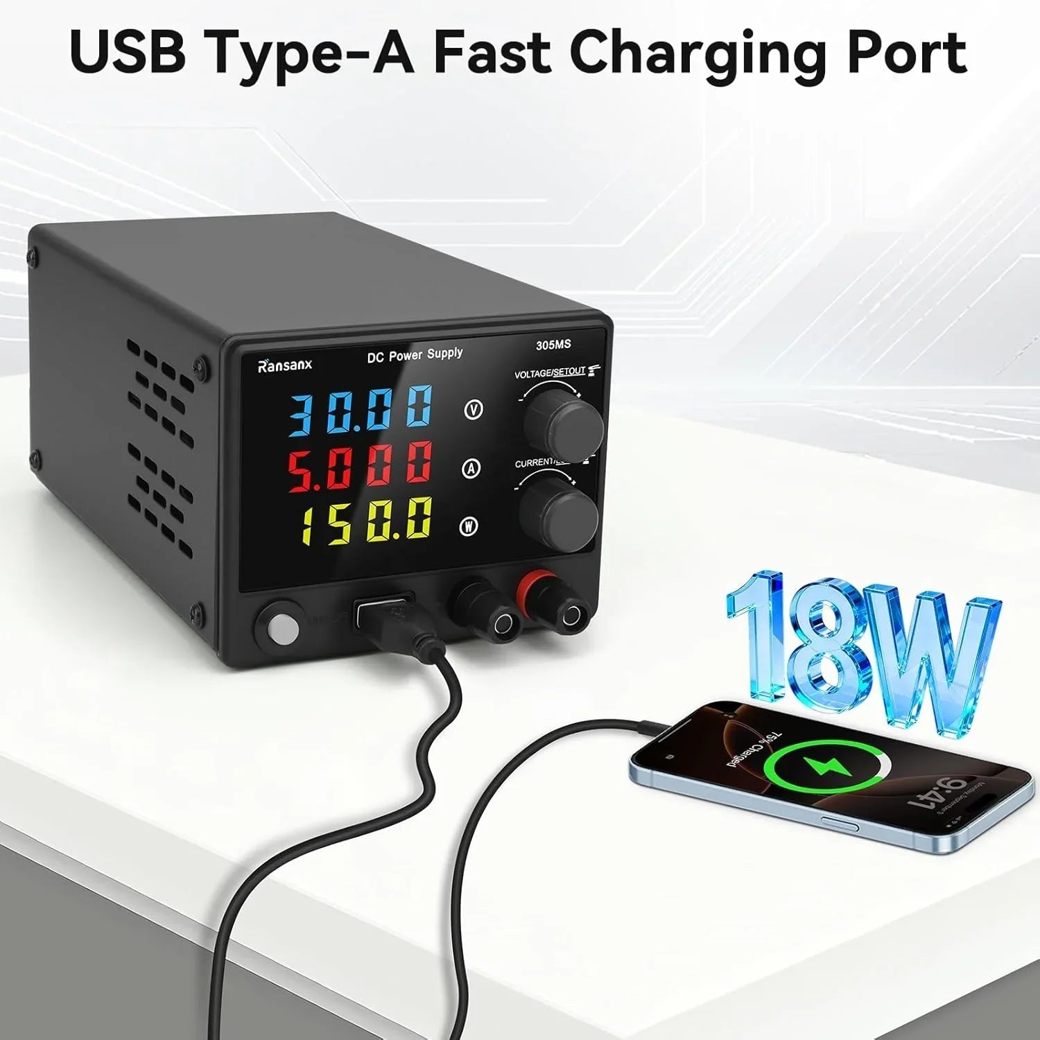 18W USB Fast Charging Variable Adjustable Lab Bench DC 30V 5A Power Supply with 4-digit LED Display wireless device