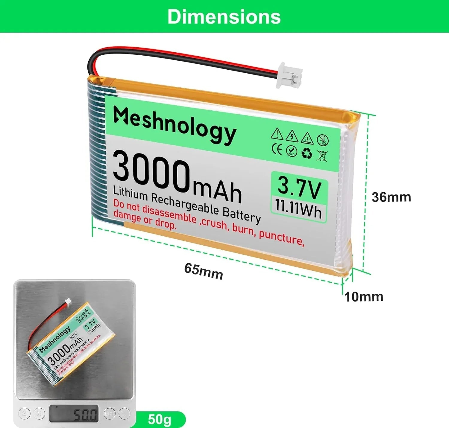 3 000mAh 3.7V LiPo Battery with Balanced Capacity for Makers and Portable IoT Devices, Projects 1 Pack For N32/N33/N35/N39 wireless device