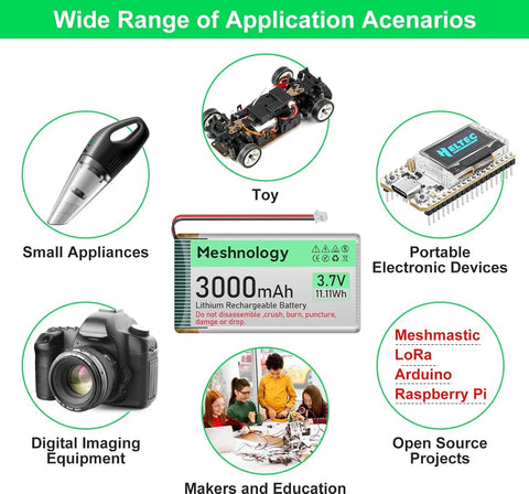 3 000mAh 3.7V LiPo Battery with Balanced Capacity for Makers and Portable IoT Devices, Projects 1 Pack For N32/N33/N35/N39 wireless device