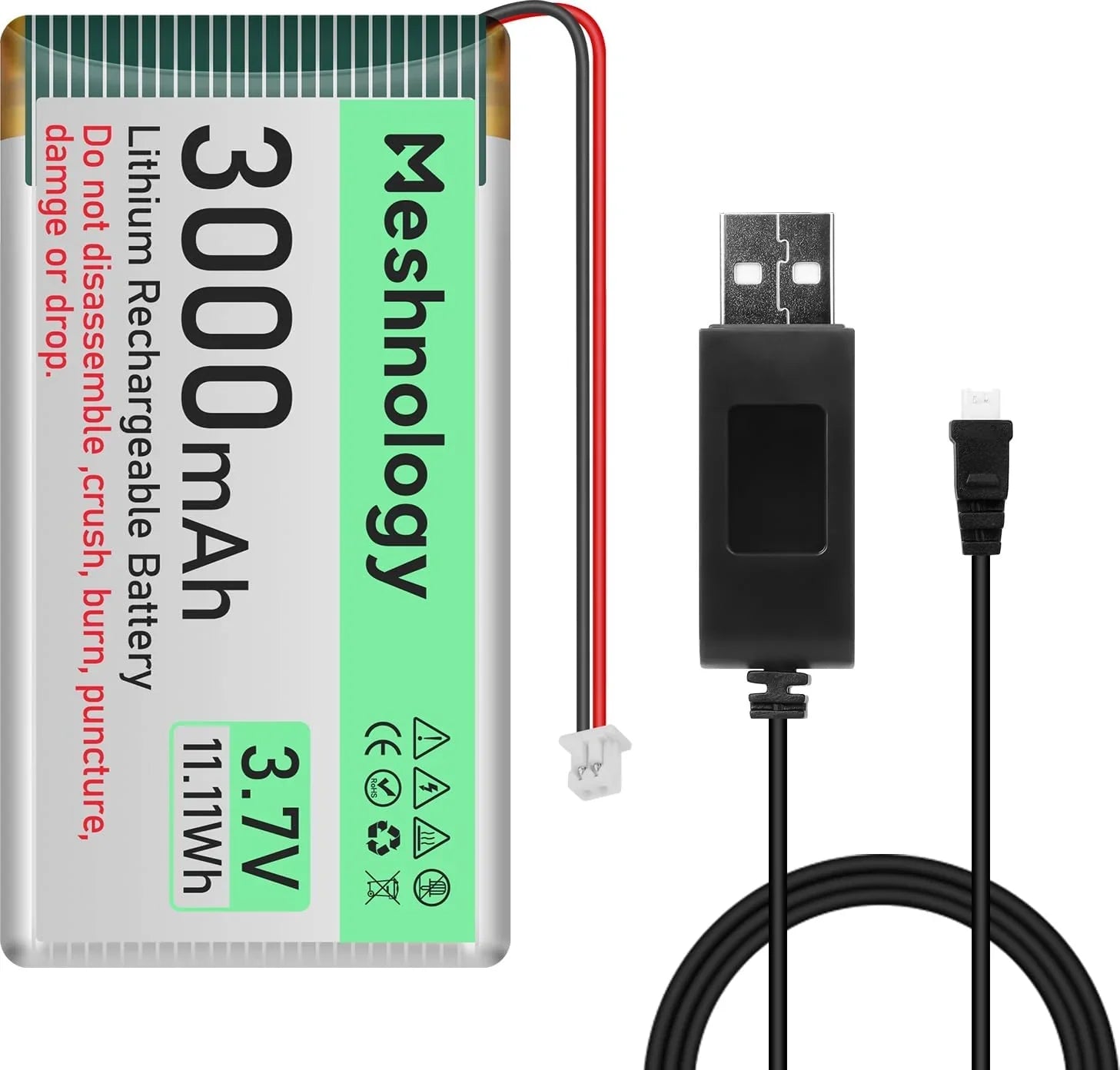 3.7V 3000mAh LiPo Battery with Protection Board, Micro JST 1.25 Plug & USB Charging Cable
