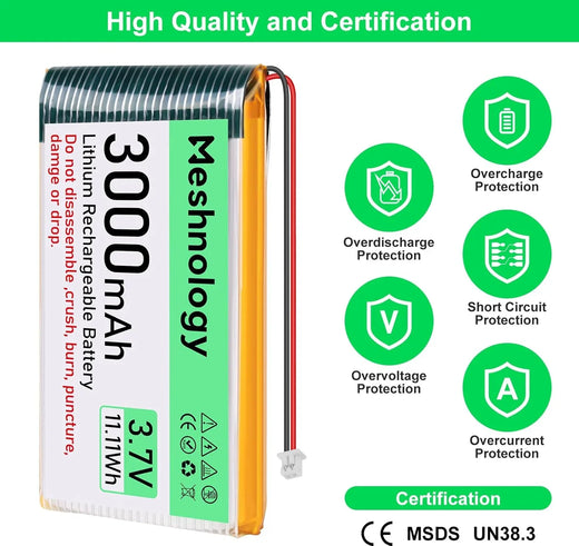 3,000mAh Mid Pack 3.7V LiPo with built-in protection board, Micro JST 1.25 plug, and USB charging cable — balanced capacity for makers and portable projects