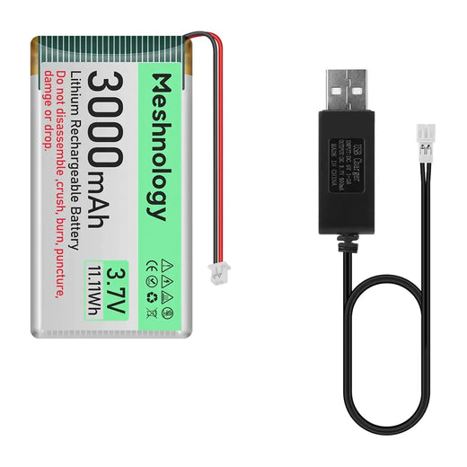 3,000mAh Mid Pack 3.7V LiPo with built-in protection board, Micro JST 1.25 plug, and USB charging cable — balanced capacity for makers and portable projects