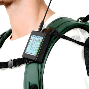 Portable LoRa device with display and antenna attached to a backpack strap for IoT projects