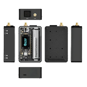WiFi LoRa 32 V4 expansion kit components, circuit board, external case, antenna ports visible