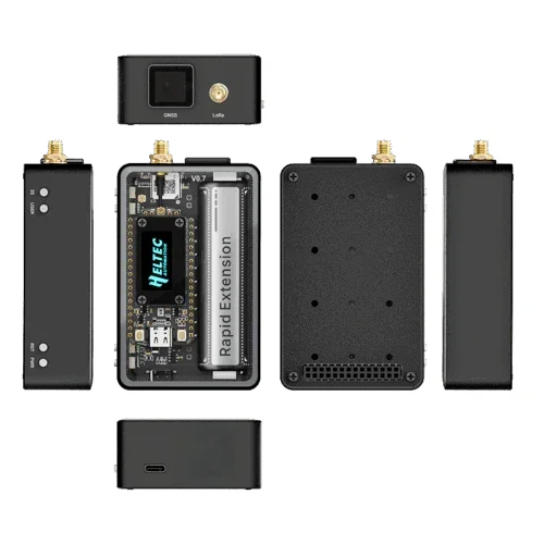 WiFi LoRa 32 V4 expansion kit components, circuit board, external case, antenna ports visible