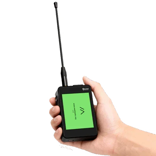 Hand holding a Heltec WiFi LoRa 32 V4 device with screen and attached antenna