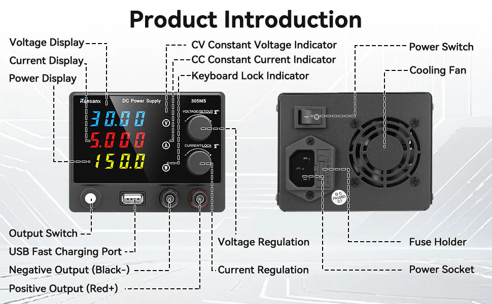 18W USB Fast Charging Variable Adjustable Lab Bench DC 30V 5A Power Supply with 4-digit LED Display 1