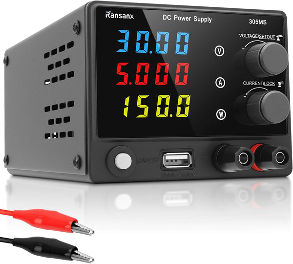 Ransanx DC Power Supply 30V 5A Adjustable Lab Bench Power Supply – 4-Digit LED Display, 18W USB Fast Charging, Overload Protection