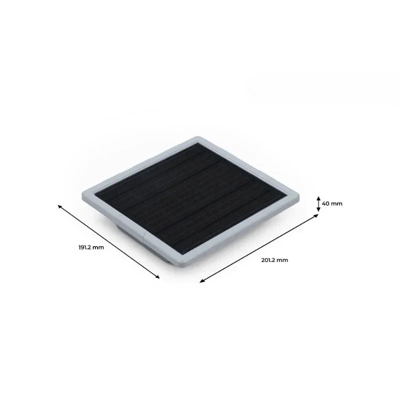 Rectangular solar panel for LoRa mesh network, black surface, labeled dimensions 201.2x191.2x40mm
