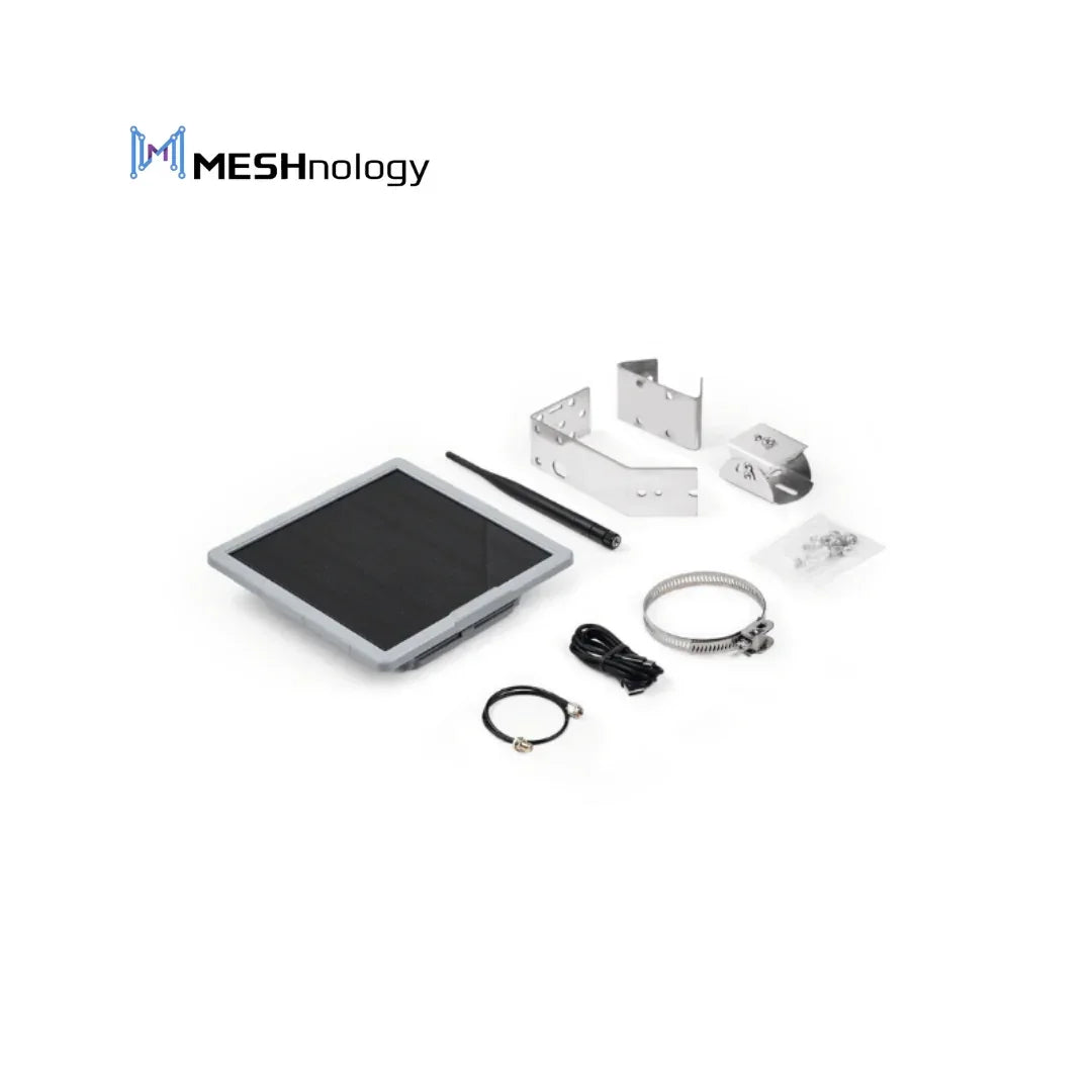 LoRa SX1262 solar node kit with GPS, antenna, mounting brackets, and connection cables.