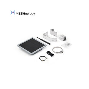 LoRa SX1262 solar node kit with GPS, antenna, mounting brackets, and connection cables.