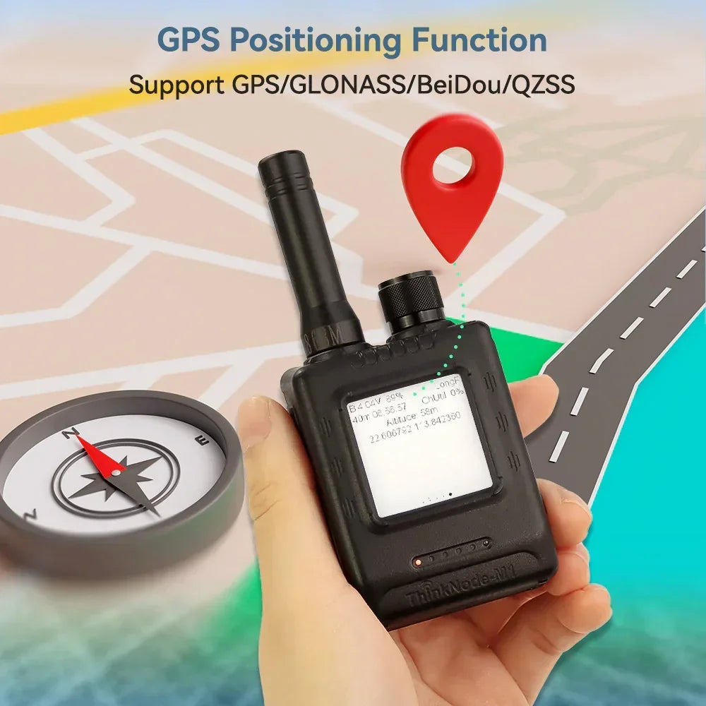 Hand holding ThinkNode-M1 compact LoRa transceiver with GPS, map, and compass in background