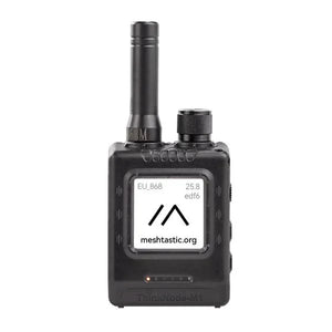 Compact black LoRa transceiver with GPS, screen displaying frequency and logo, front view