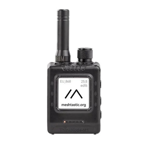 Compact black LoRa transceiver with GPS, screen displaying frequency and logo, front view