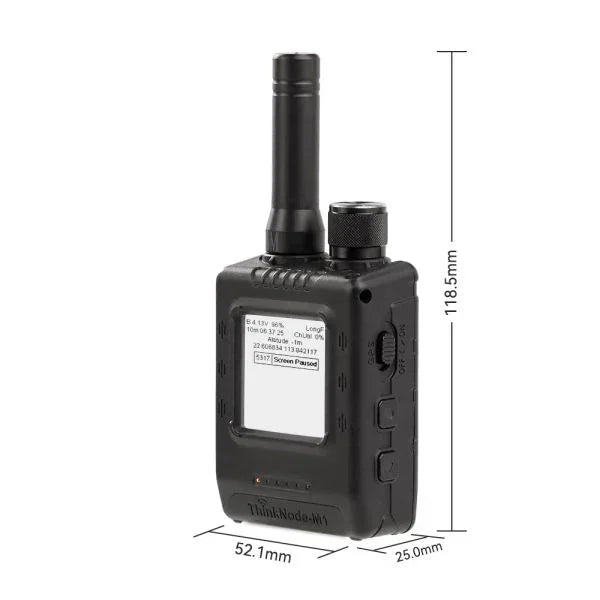 Compact LoRa transceiver with GPS, black case, antenna, and screen, with size dimensions shown.