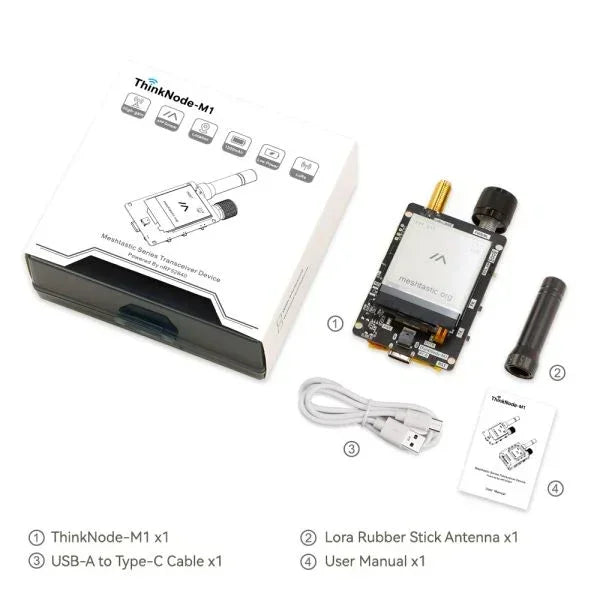 ThinkNode-M1 LoRa transceiver kit with GPS, antenna, USB-C cable, and user manual