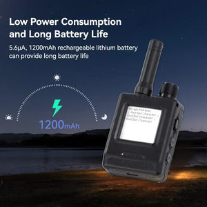 Compact LoRa transceiver with antenna, LCD screen, and 1200mAh battery shown outdoors