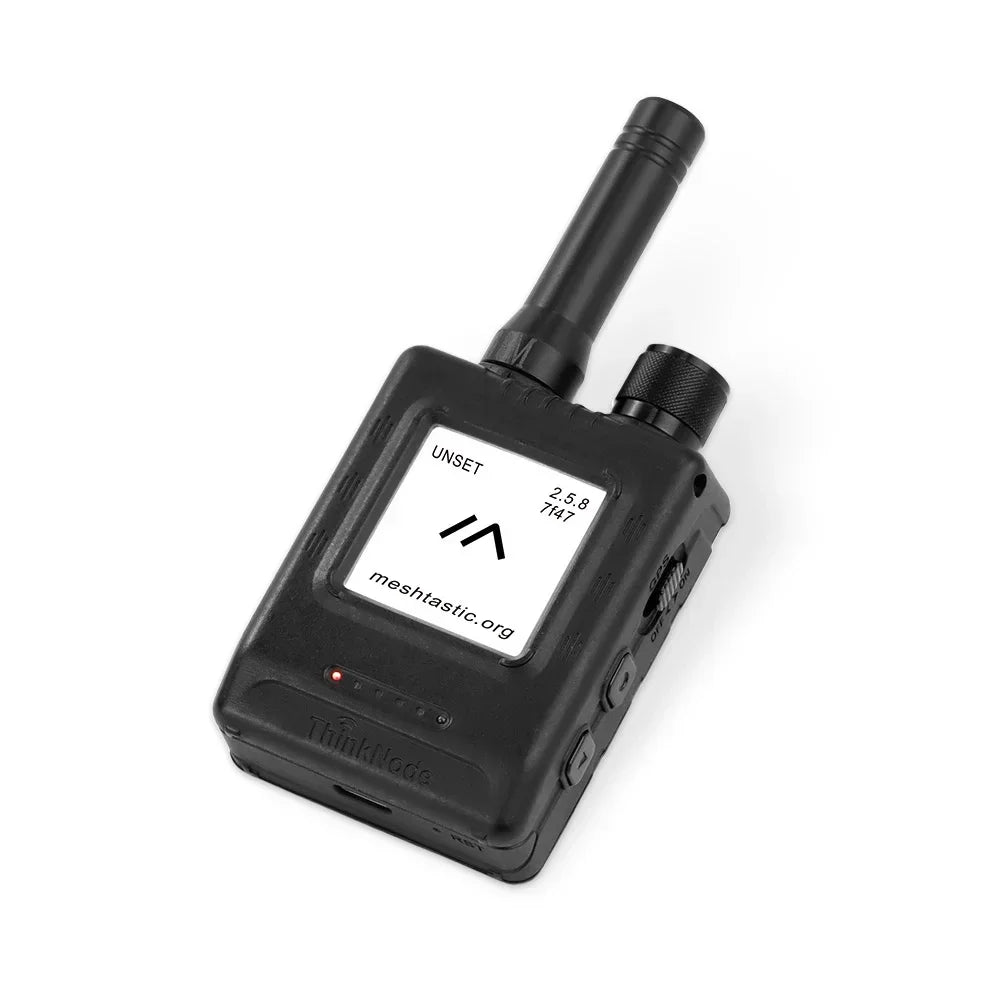 Compact LoRa walkie talkie transceiver with display, antenna, and control buttons on white
