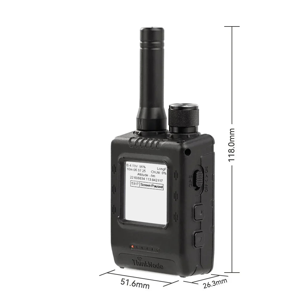 Compact black LoRa walkie talkie with antenna, display screen, GPS dial, and measurement dimensions.