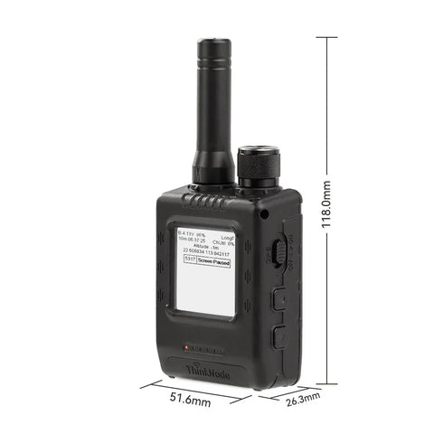 Compact black LoRa walkie talkie with antenna, display screen, GPS dial, and measurement dimensions.