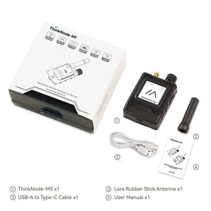 ThinkNode-M5 Meshtastic LoRa transceiver kit with ESP32-S3, GPS, antenna, USB cable, and manual