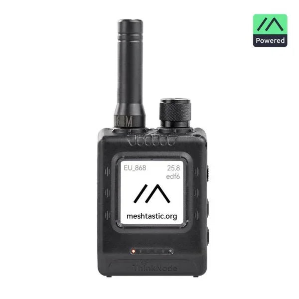 Meshtastic LoRa walkie-talkie with antenna, display screen, and mesh communication info visible.