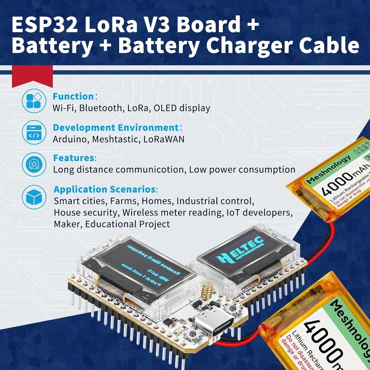 ESP32 LoRa V3 Board Kit with 4000mAh Battery, USB Charger & 915MHz Antenna for Meshtastic 1 Set wireless device