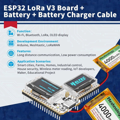 ESP32 LoRa V3 Board Kit with 4000mAh Battery, USB Charger & 915MHz Antenna for Meshtastic 1 Set wireless device