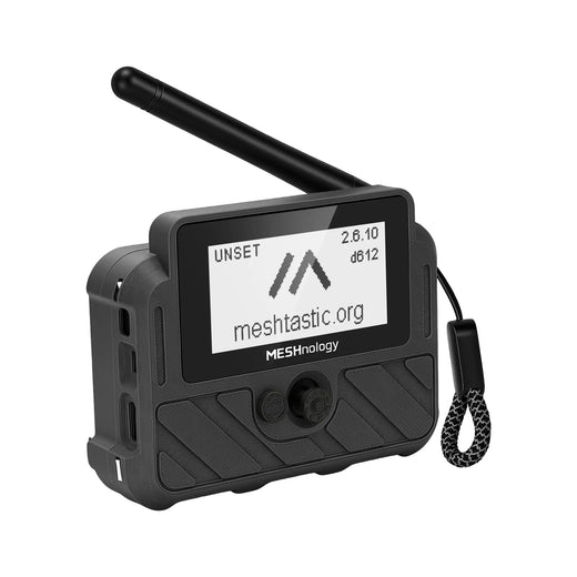Meshnology N37E Wio Tracker L1 E-Ink Meshtastic GPS tracker kit in black 3D-printed enclosure with 2.13-inch e-paper display, SMA antenna and 3000mAh battery