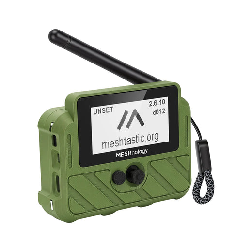 Meshnology N37E Wio Tracker L1 E-Ink Meshtastic GPS tracker kit in green 3D-printed enclosure with 2.13-inch e-paper display, SMA antenna and 3000mAh battery