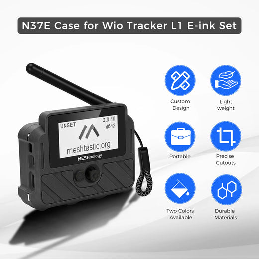 Meshnology N37E features overview infographic highlighting E-Ink sunlight-readable display, LoRa long-range communication, GPS positioning, Bluetooth 5.0 and triple power system