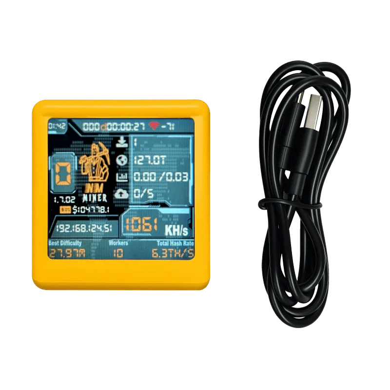 NMMiner NM-TV-154 ESP32 BTC Solo Miner & Desktop Clock - WiFi, OLED Display, USB Powered Yellow wireless device