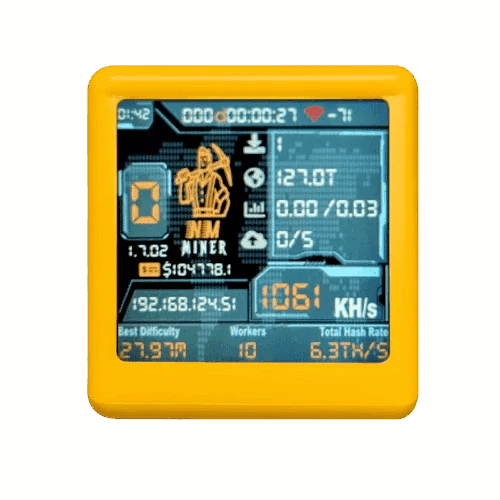 NMMiner NM-TV-154 ESP32 BTC Solo Miner & Desktop Clock - WiFi, OLED Display, USB Powered Yellow wireless device